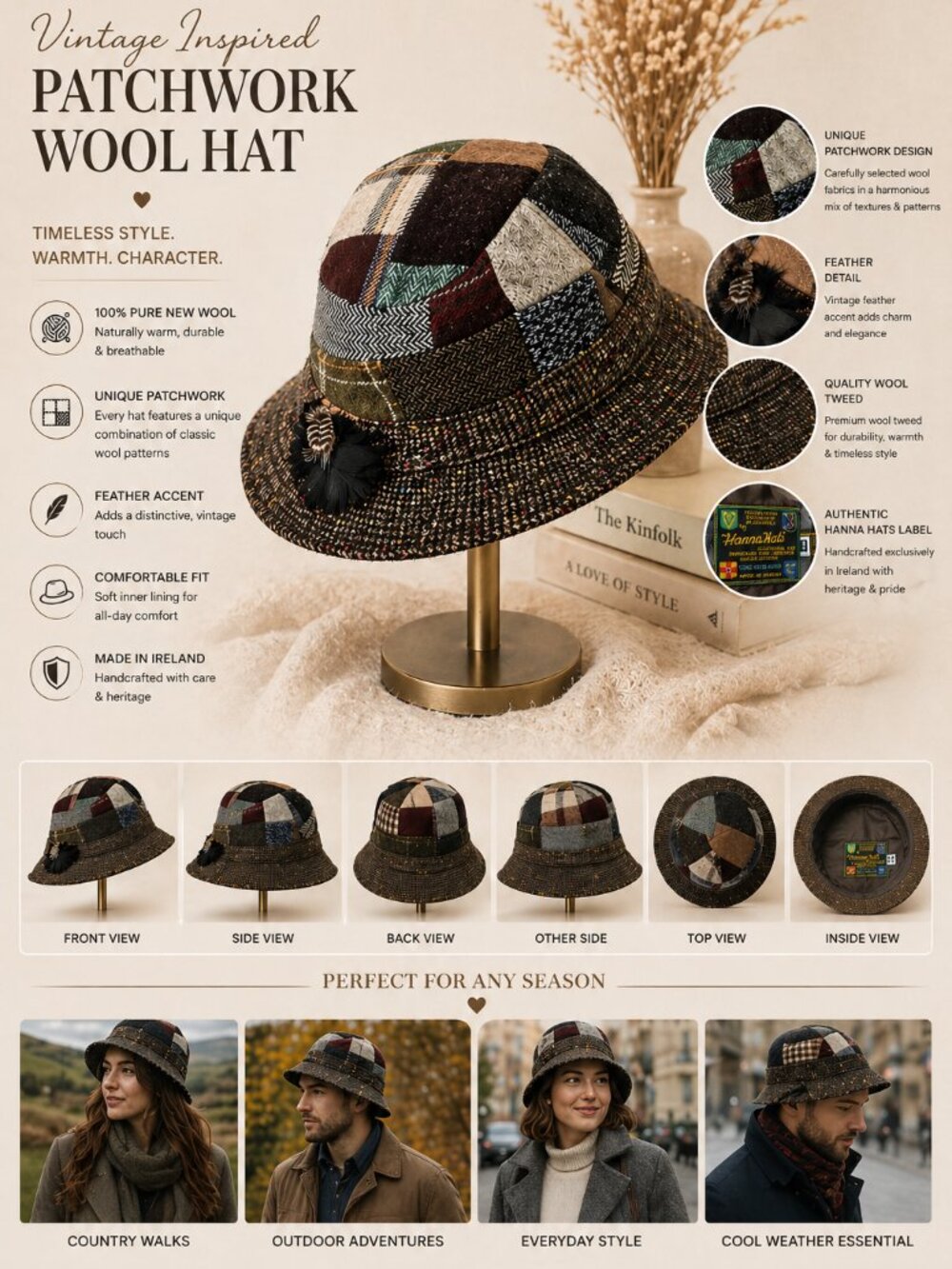 100% Wool Walking Hat Made in Ireland Size M Hanna Hats of Donegal Tweed
